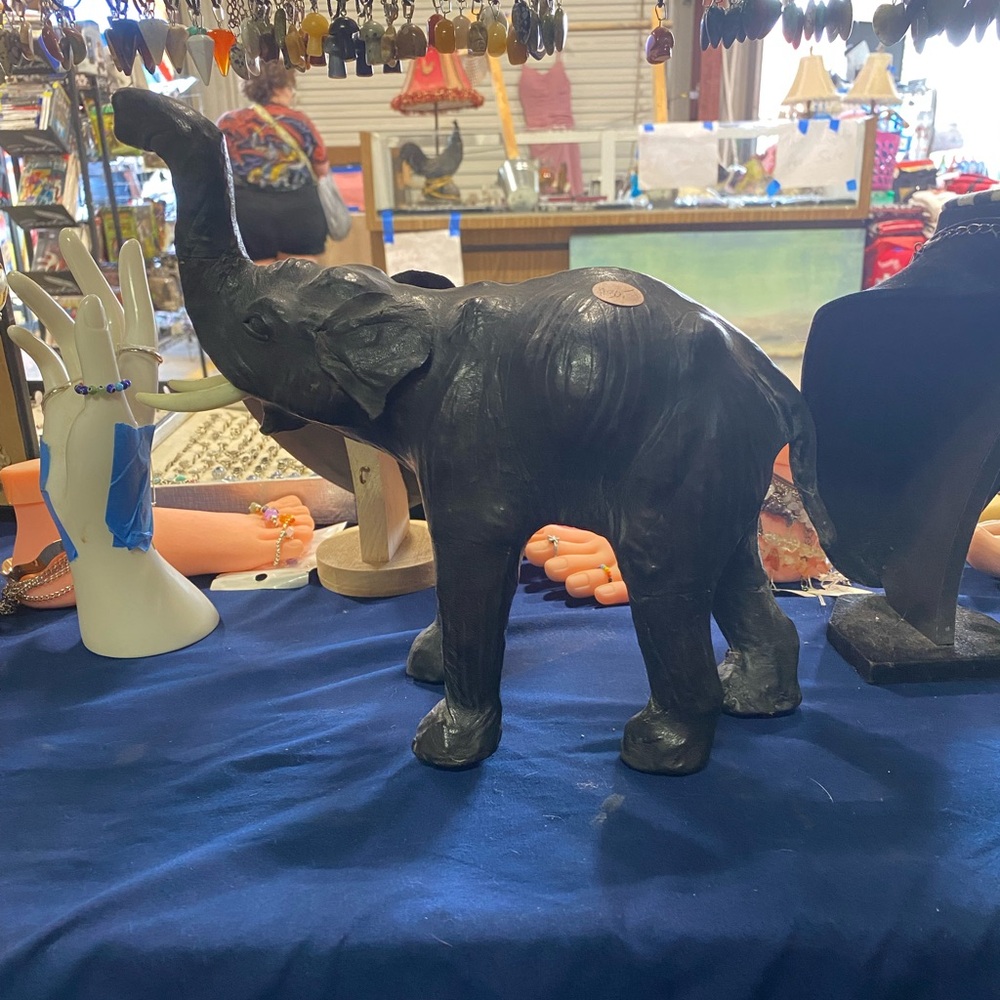 Vintage Large Leather Covered Elephant 12” Tall Statue w/ Glass Eyes Trunk up